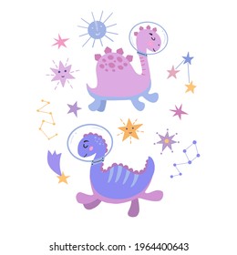 Image of cute cartoon dinosaurs in cosmos,   vector graphics, on a white  background. For the design of postcards, posters, prints for t-shirts, mugs, notebook covers, posters, postcards, banners.