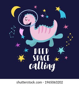 Image of cute cartoon dinosaurs in cosmos and lettering, vector graphics, on a blue  background. For the design of postcards, posters, prints for mugs, notebook covers, posters, postcards, banners.