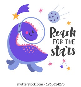 Image of cute cartoon dinosaurs in cosmos and lettering, vector graphics, on a white  background. For the design of postcards, posters, prints for mugs, notebook covers, posters, postcards, banners.