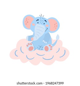 Image with cute cartoon elephant on a pink cloud. Vector graphics on a white background. For the design of posters, postcards, notebook covers, childrens illustrations, prints for mugs.