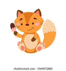 Image with cute cartoon fox with ice cream. Vector graphics on a white background. For the design of posters, postcards, notebook covers, childrens illustrations, prints for mugs, t-shirts.