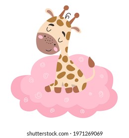 Image with cute cartoon giraffe on a pink cloud. Vector graphics on a white background. For the design of posters, postcards, notebook covers, childrens illustrations, prints for mugs.