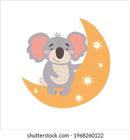 Image with cute cartoon koala on a moon. Vector graphics on a white background. For the design of posters, postcards, notebook covers, childrens illustrations, prints for mugs.