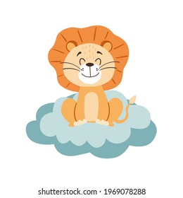 Image with cute cartoon lion on a blue  cloud. Vector graphics on a white background. For the design of posters, postcards, notebook covers, childrens illustrations, prints for mugs.