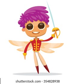 Image of cute cartoon male fairy with big eyes, purple hair and butterfly wings. He wears a red prince costume and holds a sword. Positive character. vector illustration