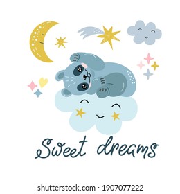 Image of a cute cartoon panda, clouds, moon and stars   with inscription - sweet dreams, in vector graphics on a white background. For postcards, posters, design for t-shirts, covers, packaging.