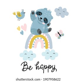 Imagen de un lindo panda de dibujos animados, arco iris, pájaro   con inscripción - ser feliz, en gráficos vectoriales sobre fondo blanco. Para postales, afiches, diseño para camisetas, cubiertas, empaque.