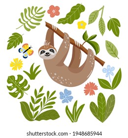 Image of cute cartoon sloth with tropical leaves and flowers, in vector graphics, on a white background. For the design of postcards, posters, prints for t-shirts, mugs, notebook covers.