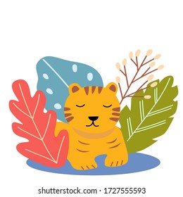 The image of a cute cartoon tiger cub on a background of blue, red, green leaves. Vector graphics for the design of postcards, prints on pillows, covers, packages, wrapping paper.