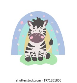Image with cute cartoon zebra on a colorful rainbow. Vector graphics on a white background. For the design of posters, postcards, notebook covers, childrens illustrations, prints for mugs.