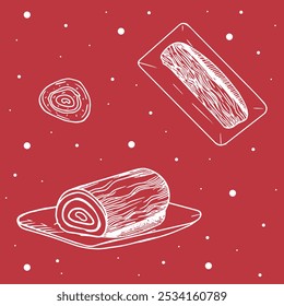 Uma imagem de um bonito conjunto de Natal com um toro de chocolate deitado em uma placa, uma vista superior de um corte de toras de chocolate, e um toro em uma placa de cima. Bom para banners, anúncios, postagens. 