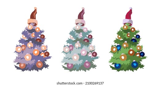 The image of a cute Christmas tree in a cap in three different colors: gray, purple, green.