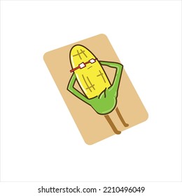 imagen de un personaje adorable y delicioso de caricatura de maíz tomando sol y poniéndose gafas de sol rojas