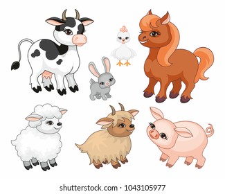 The image of cute farm animals in cartoon style. Children’s illustration. Vector set.