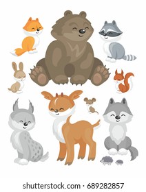 La Imagen de lindos animales del bosque en estilo de dibujos animados. Ilustración infantil. Conjunto de Vector.