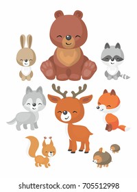 The image of cute forest animals in cartoon style. Children’s illustration. Vector set.