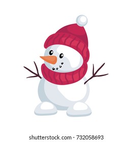 The Image Of Cute Funny Snowman In Cartoon Style. Christmas Vector Illustration