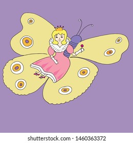 The image of a cute girl flying on a butterfly with candy in her hands in bright colors of pink, purple and yellow