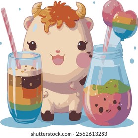 An image of a cute Kawaii rainbow cow drinking a bubble tea-vector art illustration