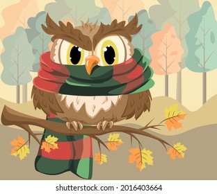 The image of a cute owl with a bright scarf. Autumn landscape. Cartoon picture. Vector