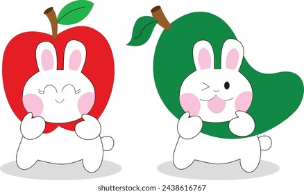Image of a cute rabbit wearing an apple and mango costume