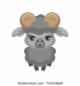 The image of cute ram in cartoon style. Vector children’s illustration.