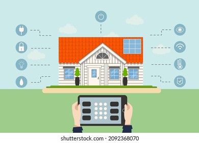 Imagen de un hogar lindo e inteligente con paneles solares y control remoto desde el dispositivo