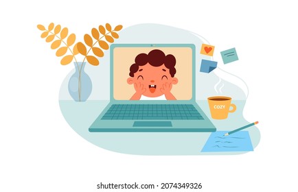 Image of cute smiling boy on laptop display. concept of communication via video communication, social networks, Online education, communication at distance, friendship. Cozy vector illustration.