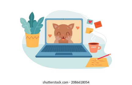 Image of cute smiling cat on laptop display. concept of communication via video communication, social networks, Online education, communication at distance, friendship. Cozy vector illustration.