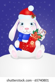 Image of a cute smiling rabbit in Christmas cap sitting on snow and holding stocking