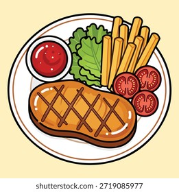 La Imagen es una linda ilustración de arriba hacia abajo de una comida de estilo occidental plateada que consiste en un Grande filete a la parrilla como pieza central en un plato blanco ovalado con borde marrón. El filete es de color marrón dorado con marcas oscuras de parrilla en un patrón entrecruzado y reflejos brillantes para una apariencia jugosa. Los acompañamientos incluyen un Pequeño tazón blanco de salsa roja para mojar (probablemente salsa de ketchup o salsa de bistec), una porción de papas fritas francesas doradas apiladas cuidadosamente, hojas de lechuga verde fresca como guarnición a la izquierda y dos tomates cherry cortados a la mitad con semillas visibles a la derecha. El arreglo es equilibrado y apetitoso, representando un clásico filete de frituras o cena de carne a la parrilla casual con acompañamientos simples y frescos.