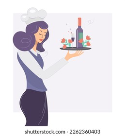 Image of a cute waitress girl holding a festive dish of alcohol. The cartoon character serves wine. Cafe or restaurant staff, service staff, flat vector illustration.