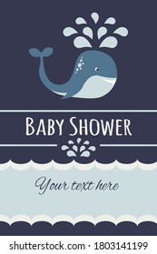 Image of a cute whale with Baby Shower caption. Illustration on a marine theme for a sailor boy. Baby shower card design. Place for text
