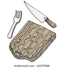 An image of a cutting board with knife and fork.
