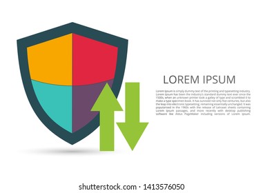 Image of cyber security concept. Illustrates the idea of a protected download or download of information in the form of lines and shapes, arrows. Red, yellow, turquoise, gray. Antivirus, company logo.
