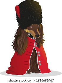 Image of a dachshund in a suit, a guardsman and a bearskin. Fabulous character. Isolated image in vector.