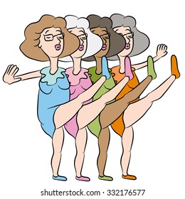 An image of dancing senior women kicking legs up in the air.