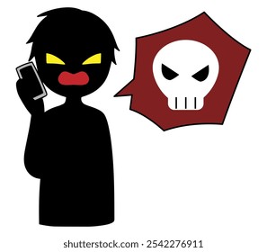 Image of a dangerous conversation between a villain talking on a smartphone and a skull and crossbones