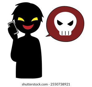 Image of a dangerous conversation between a villain talking on a smartphone and a skull and crossbones