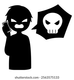 Image of a dangerous conversation between a villain talking on a smartphone and a skull and crossbones