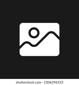 Image dark mode glyph ui icon. Visual content. Digital photo gallery. User interface design. White silhouette symbol on black space. Solid pictogram for web, mobile. Vector isolated illustration
