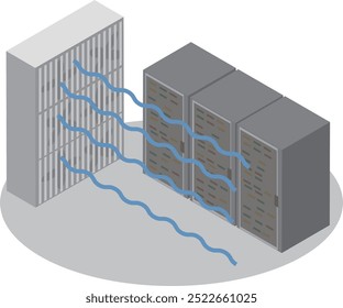 Imagem de um servidor de data center gerenciado por um grande dispositivo de resfriamento isométrico