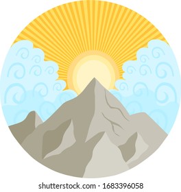 Image of the dawn of the sun in the mountains, between blue clouds. the morning rays of the sun pass through the clouds.
stock isolated illustration on white background for printing on postcards,web