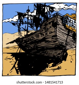 Image of a dead frigate in the desert. Color illustration, can be useful in publications, packaging design, on posters and banners.