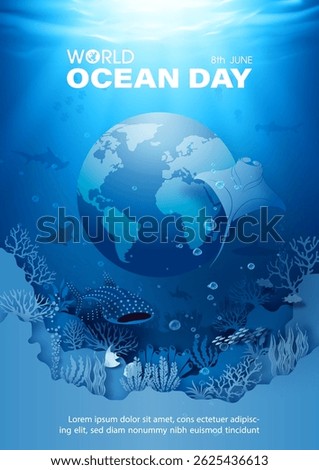 Image of the deep sea and ocean scene with 3d globe in poster illustration campaign of world ocean day with wording of event, example texts on navy blue background.