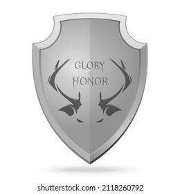 Image of a deer head on a knight shield. Glory and honor. Vector illustration
