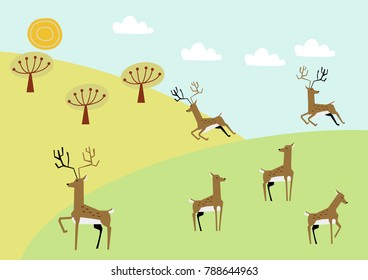 Image of deer and spring grassland.Image illustration of the four seasons. Green grassland.