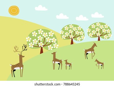 Image of deer and spring grassland.Image illustration of the four seasons. Green grassland.