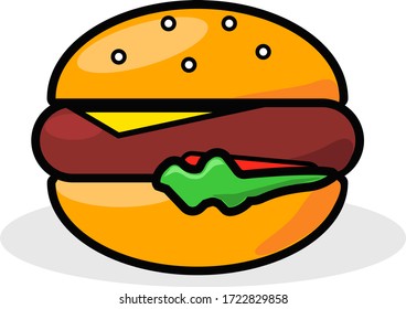Imagen de una deliciosa hamburguesa. Entre los panecillos hay un cutlet, un trozo de queso, tomate y lechuga. Colores armoniosos luminosos y saturados. Imagen plana vectorial.