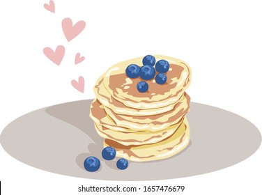 image of delicious pancakes decorated with blueberries with pink hearts on a background.
stock isolated illustration on white background for printing on postcards, websites,shop advertising in cartoon